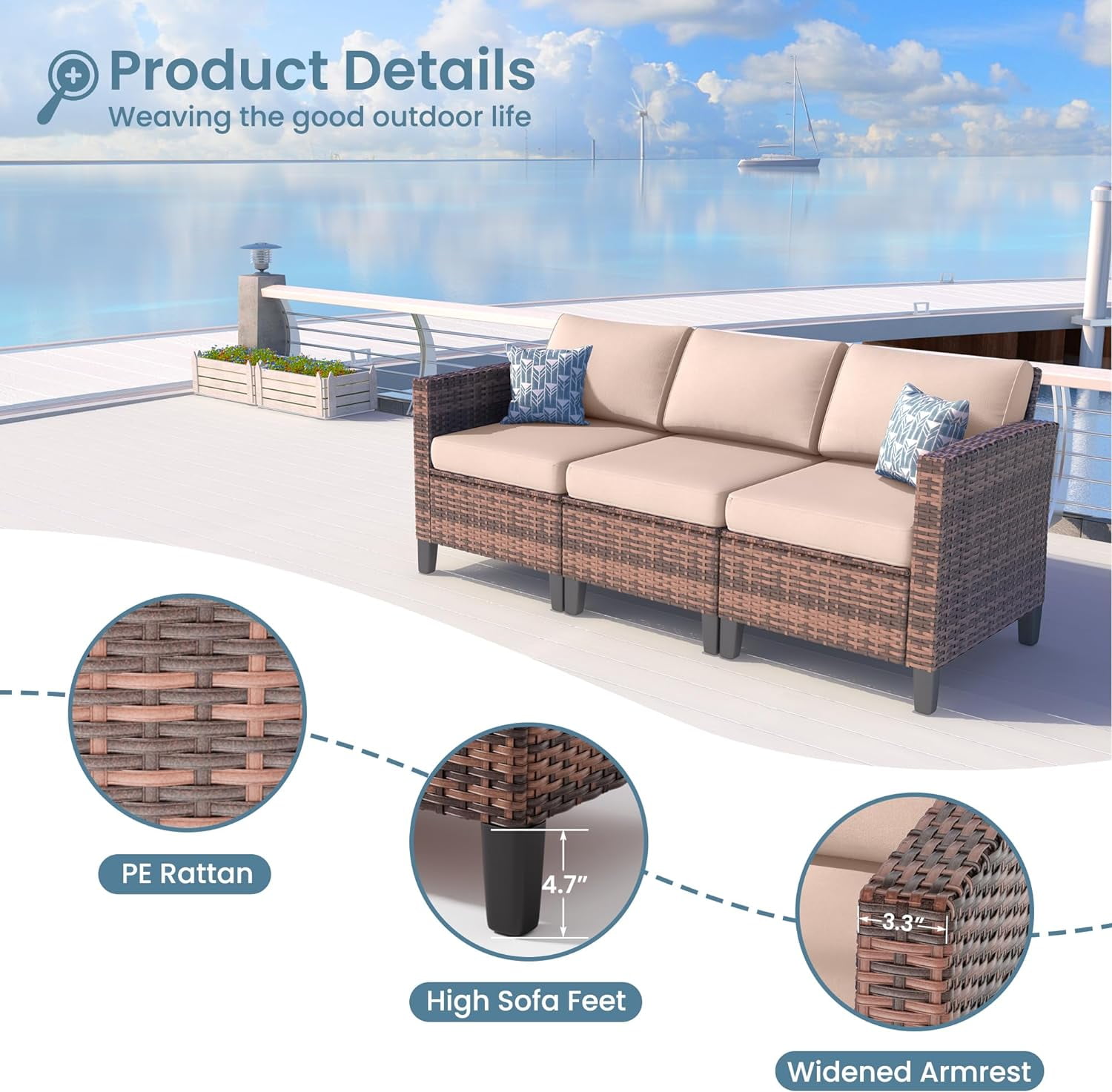ELPOSUN 7-Piece Rattan Outdoor Patio Furniture Set with Swivel Chairs and Storage Table, Beige