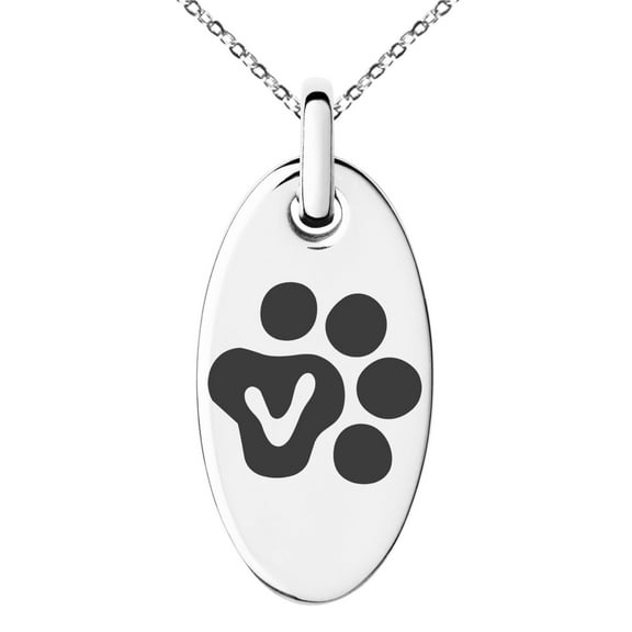 Stainless Steel Letter V Initial Cat Dog Paws Monogram Engraved Small Oval Charm Pendant Necklace