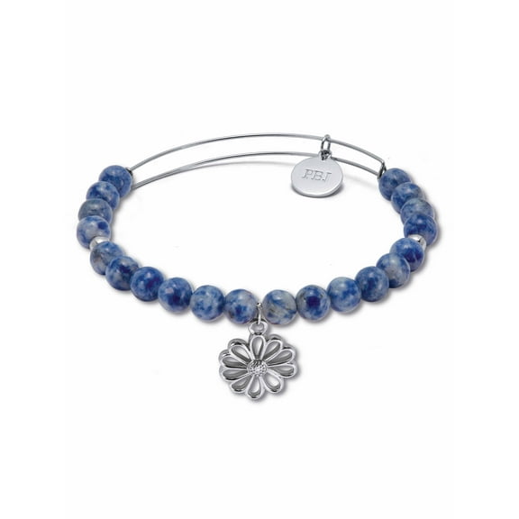 PalmBeach Jewelry Genuine Blue Sodalite Silvertone Flower Charm Bangle, 7.5 Inches