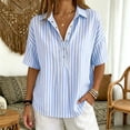 thumbnail image 4 of Womens Cotton Linen Gauze Tops Summer Button Down V Neck Half Sleeve Shirts Dressy Casual Clothes Striped Blouses Loose Boho Blouses Collared Fitted Tops Summer Business Outfits Linen Tunic Tops, 4 of 8