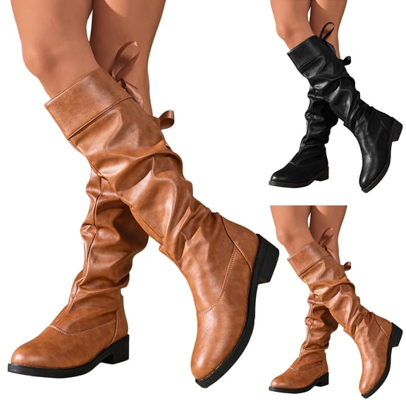 Pandaie Women's Knee High Boots Wide Calf Platform Slouchy Tall Long Boot Round Toe Fall Winter Flat Riding Walking Shoes Black 6.5