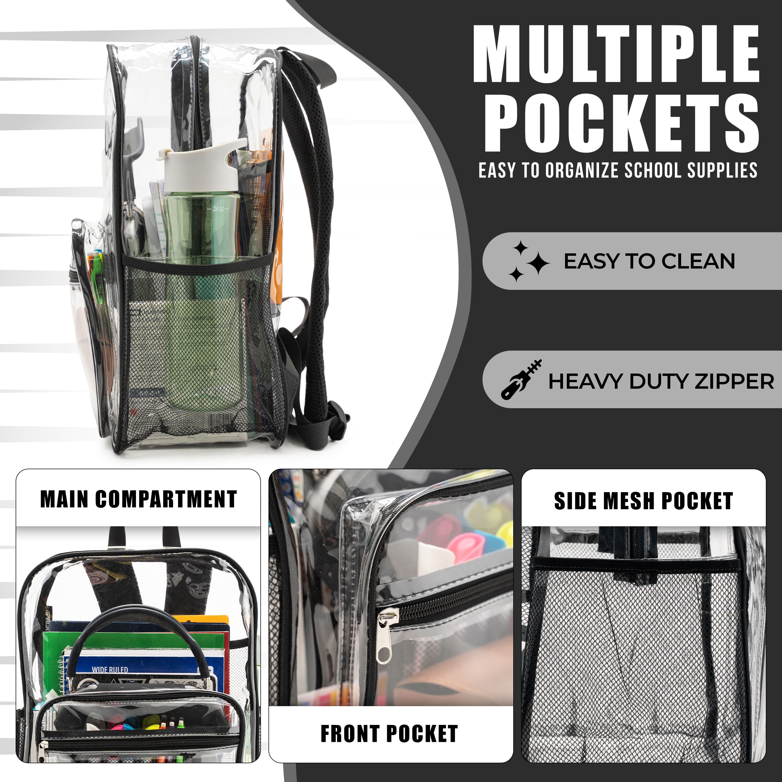 JPACK Clear Backpack – Heavy Duty Transparent Bookbag for Adults and Teens | School, Work, Travel, Stadiums (Black)