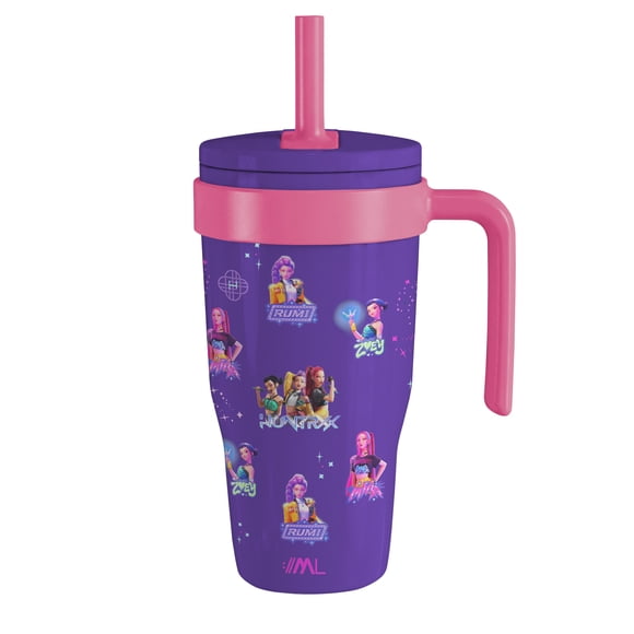 Magma Life Termo Acero Inoxidable para Niños Mini Flip de Las Guerreras K-Pop, 532 ml (18 oz), Doble Pared, Tapa Antiderrames con Popote, Mantiene Frío y Caliente