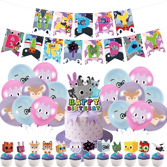 44 PCS For Pet Simulator Birthday Party Decorations, With 1 Happy Birthday Banner Garland,18 Balloons,25 Cupcake Toppers for decorative supplies set