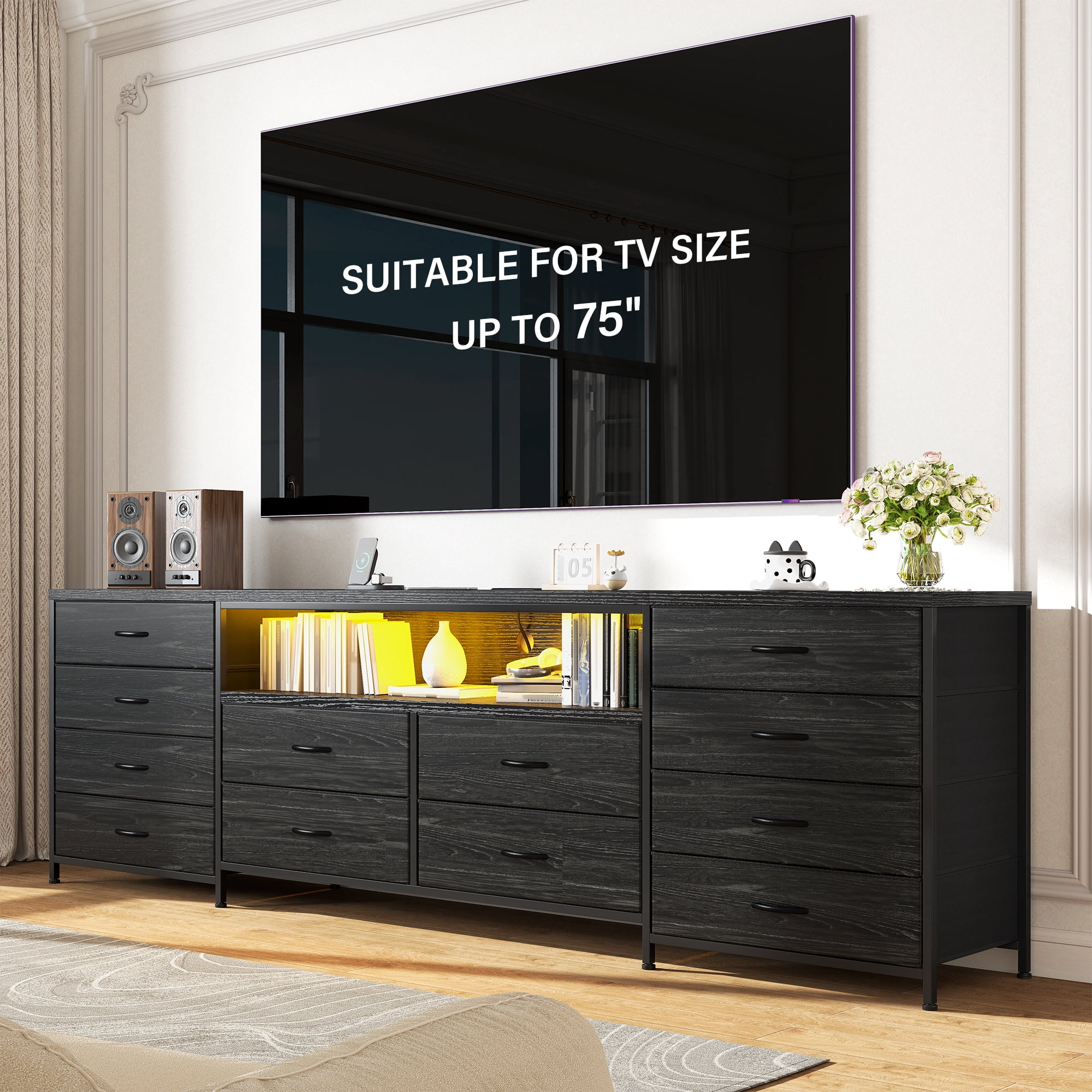 63" W 12-Drawers Dresser TV Stand for 65/70/75 Inch TVs, Black Entertainment Center with LED Lights & Power Outlets,Fabric Drawers for Bedroom,Living room