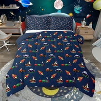 Manfei Cute Rocket Bedding Comforter Set,Kawaii Toy Car Twin Comforter Sets,Deepblue Red Bedding Set For Boys Kids,Breathable Home Decor Reversible,2-Piece