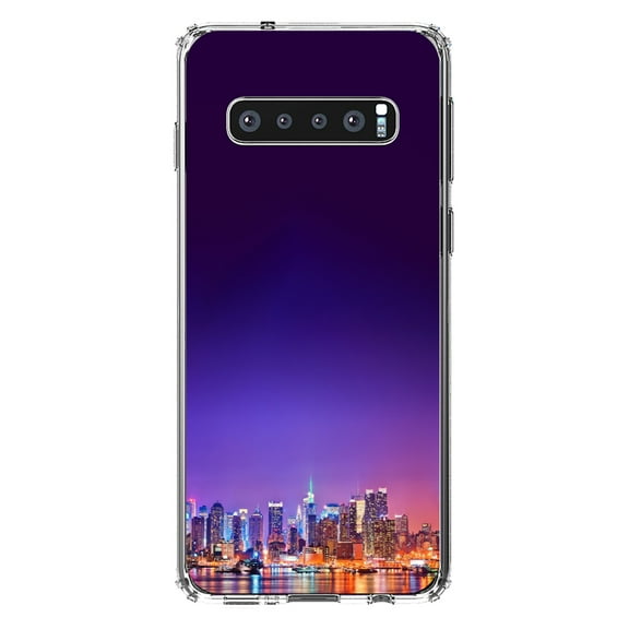 DistinctInk Clear Shockproof Hybrid Case for Samsung Galaxy S10 (6.1" Screen) - TPU Bumper, Acrylic Back, Tempered Glass Screen Protector - New York Skyline Night - The Big Apple