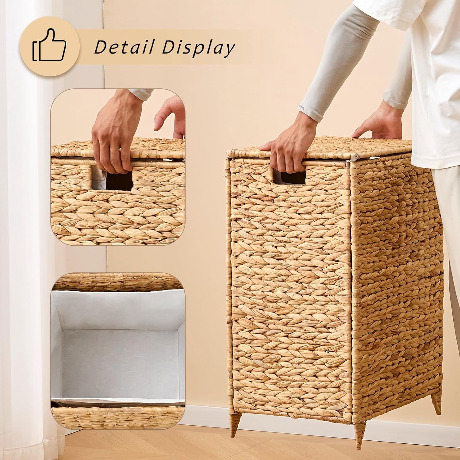 Casa Pura Furniture Adult Handwoven Elevated Feet Carrying Handles Laundry Hampers with Lid & Removable Liner Bag, Off-White