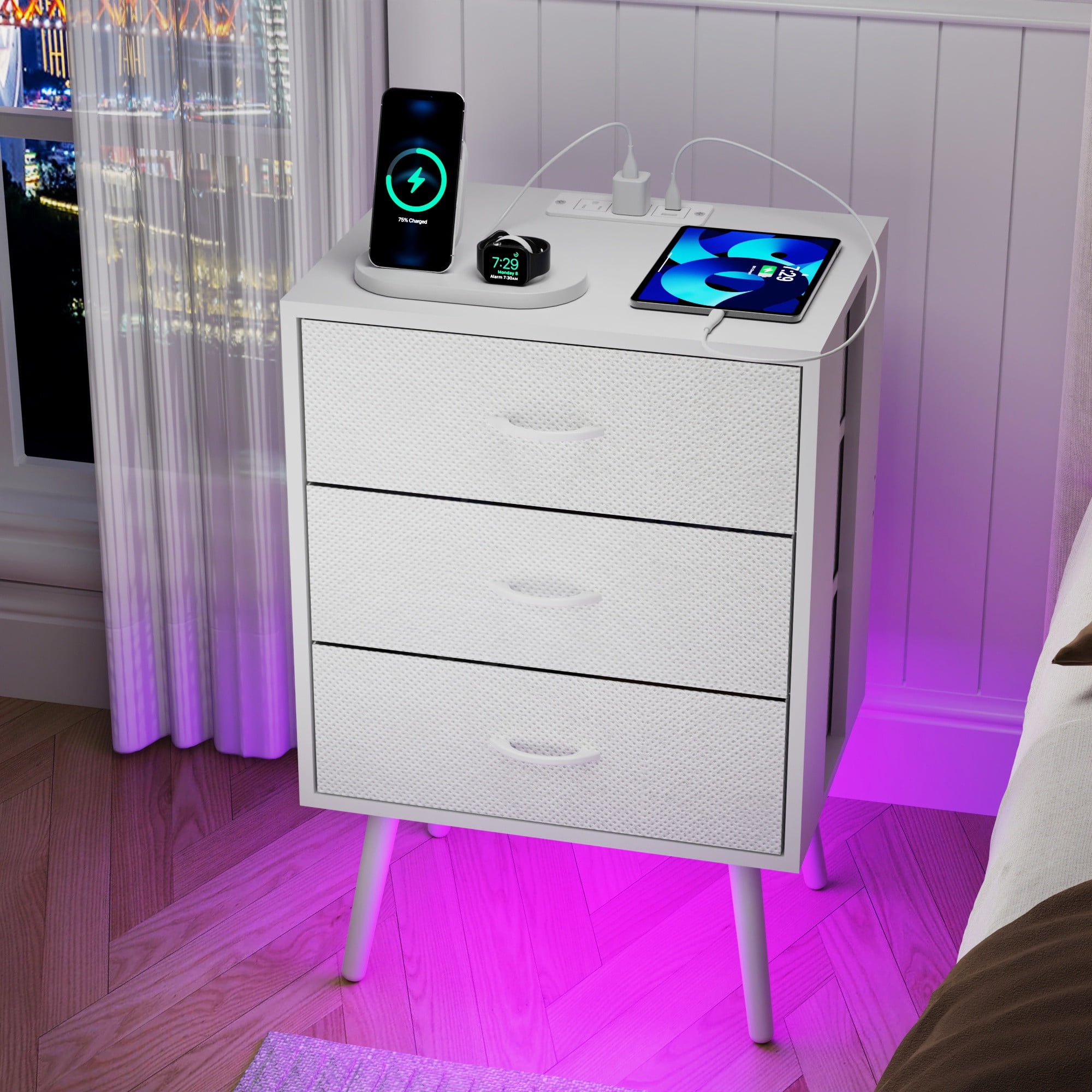 Nightstand Set of 2, Holaki Nightstand for Bedroom with Charging Station, Modern Nightstand with 3 Storage Drawer & 20 Colors LED Lights, Bedside Table for Living Room, White