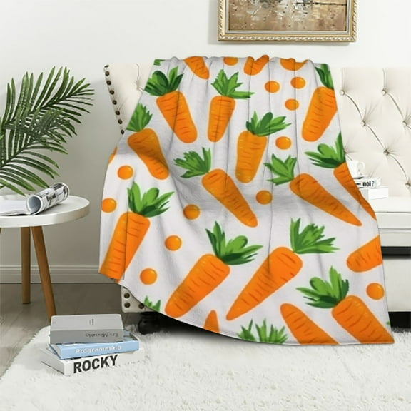 COMIO Easter Colourful Cartoon Carrots Throw Blanket Warm Soft Lightweight Blankets Easter Rabbit Flannel Blanket for Sofa Couch Bed Office Holiday Decorative