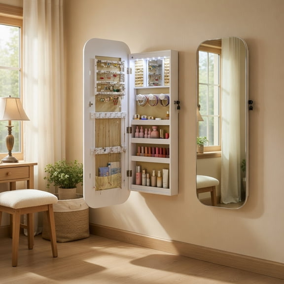 Resenkos Lockable Jewelry Cabinet - 6 LED Lights, Wall/Door Mount, Small Space Organizer - White