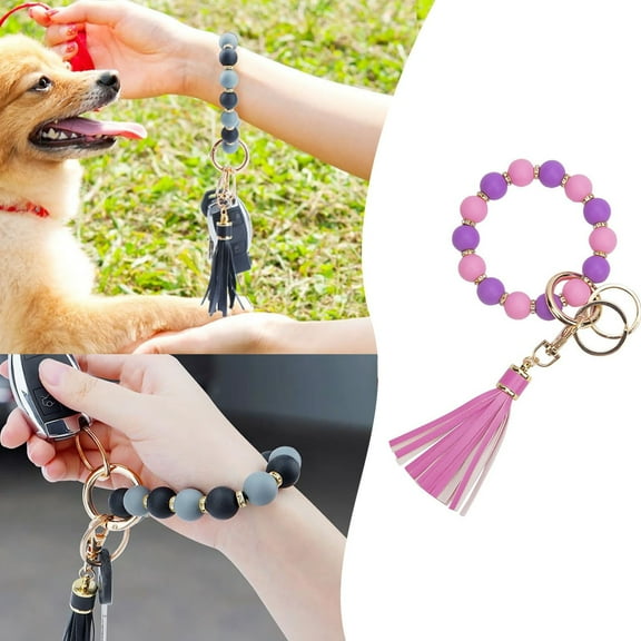 Silicone Beaded Bracelet Keychain with PU Tassel Wristlet Key Holder