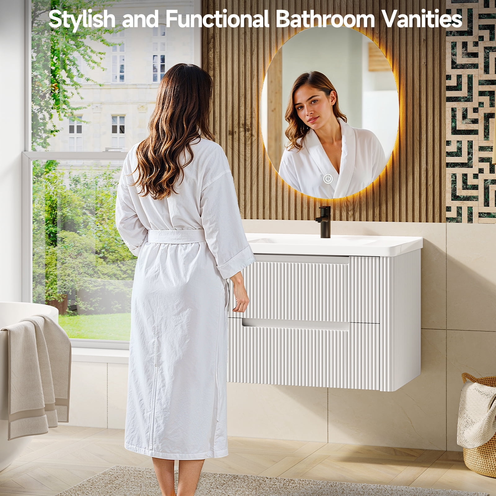 ROGALIS 32" Modern Bathroom Vanity, 2-Drawer, glossy resin Sink, Fluted Design,White