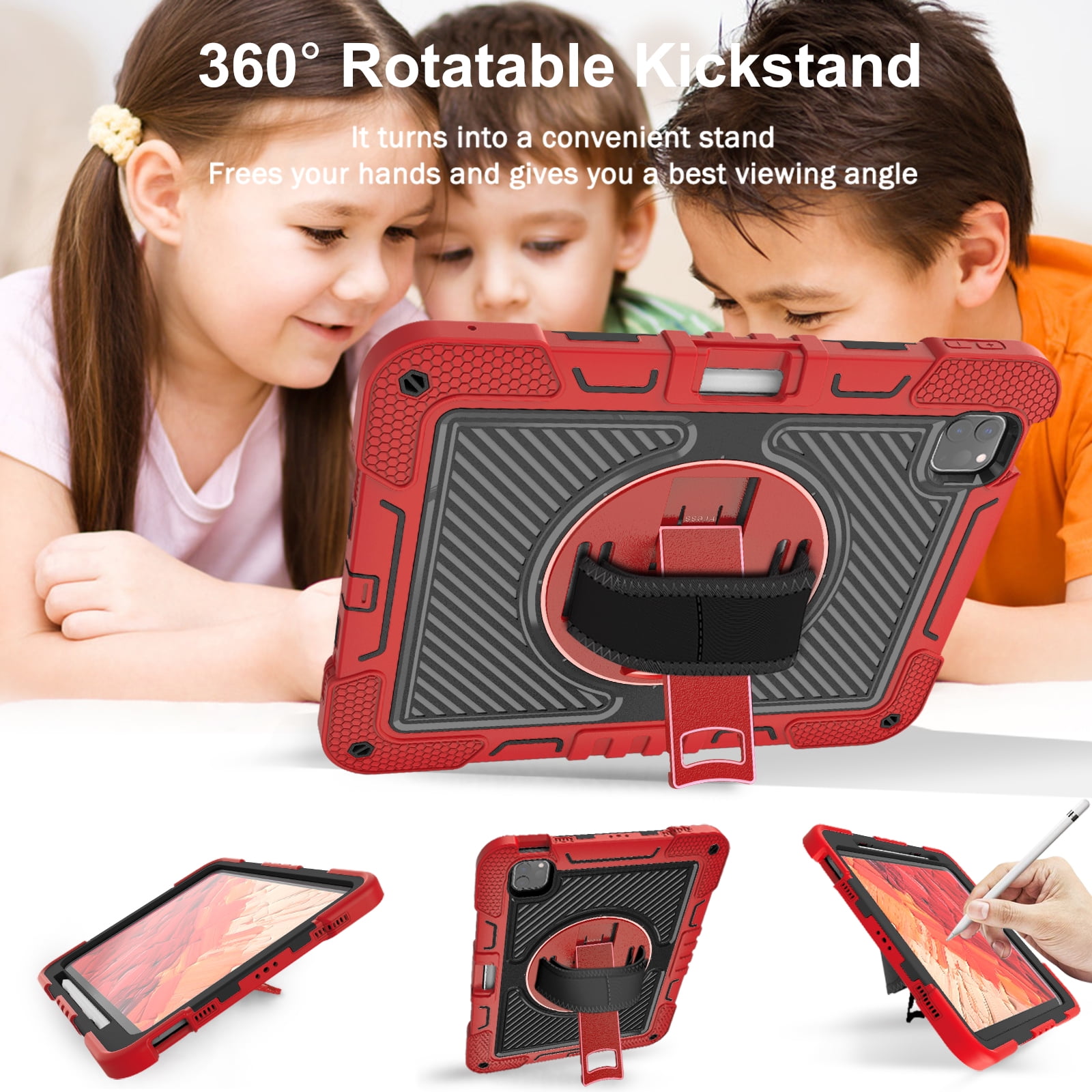 ELEHOLD 3-Layer Shockproof Case For iPad 8th/7th Generation, Rugged Cover with 360° Rotating Kickstand, Wrist Strap, Detachable Shoulder Strap, Pencil Holder, Red+Black
