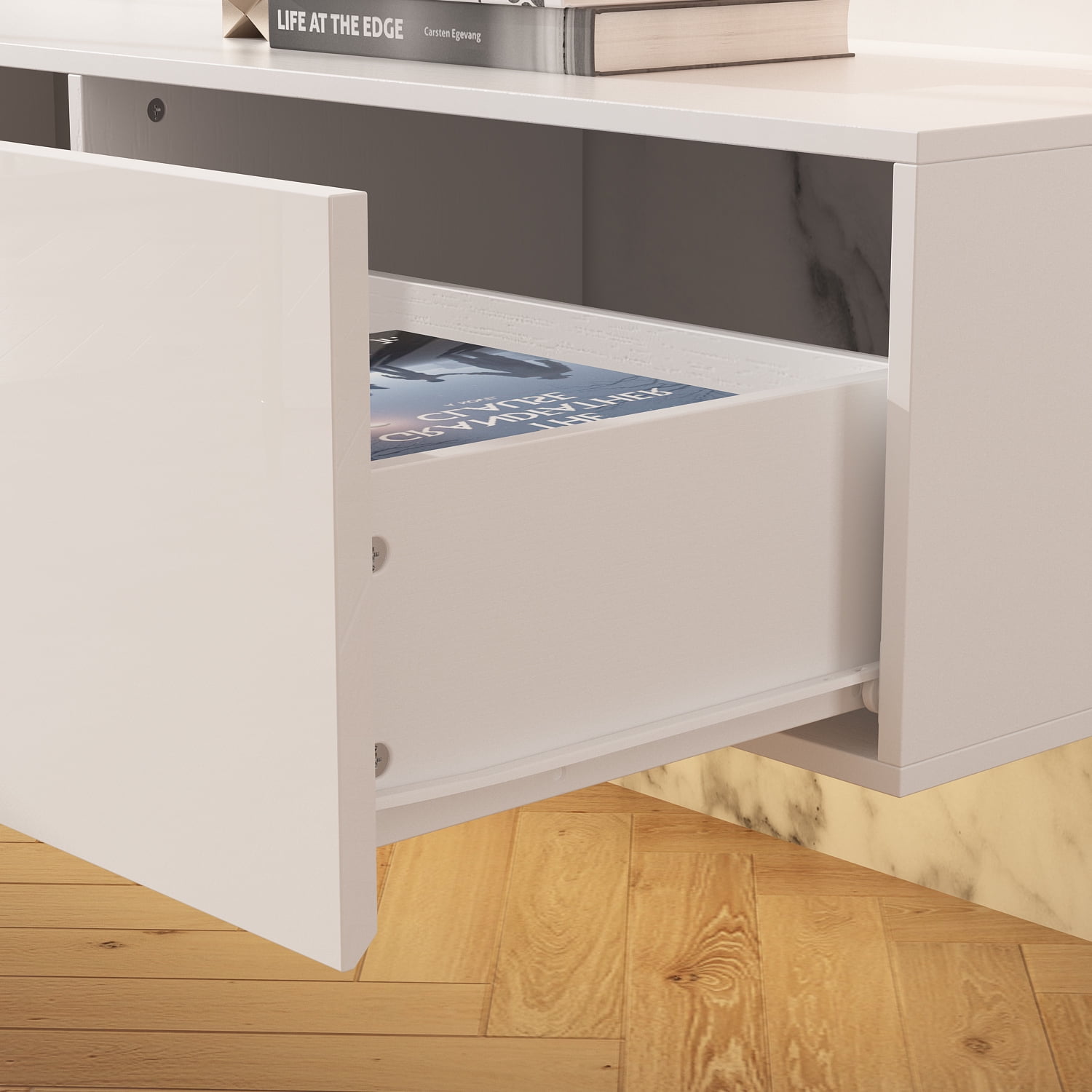 OXYLIFE Floating LED TV Stand with Drawers, Wall Mounted Entertainment Center with Storage and LED Light, White