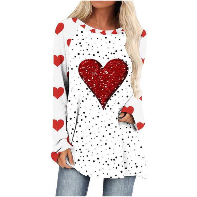 Diufon Hauts de la Saint-Valentin pour Femmes Manches Longues Col Rond Chandail Chemise Tendance Mignonne Robe Imprimée à Sequins Blouse