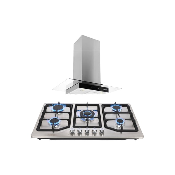 Campana de cocina de isla digital cristal recto 90cm Fordex y Parrilla de gas 5 quemadores acero inoxidable 86cm Vesta