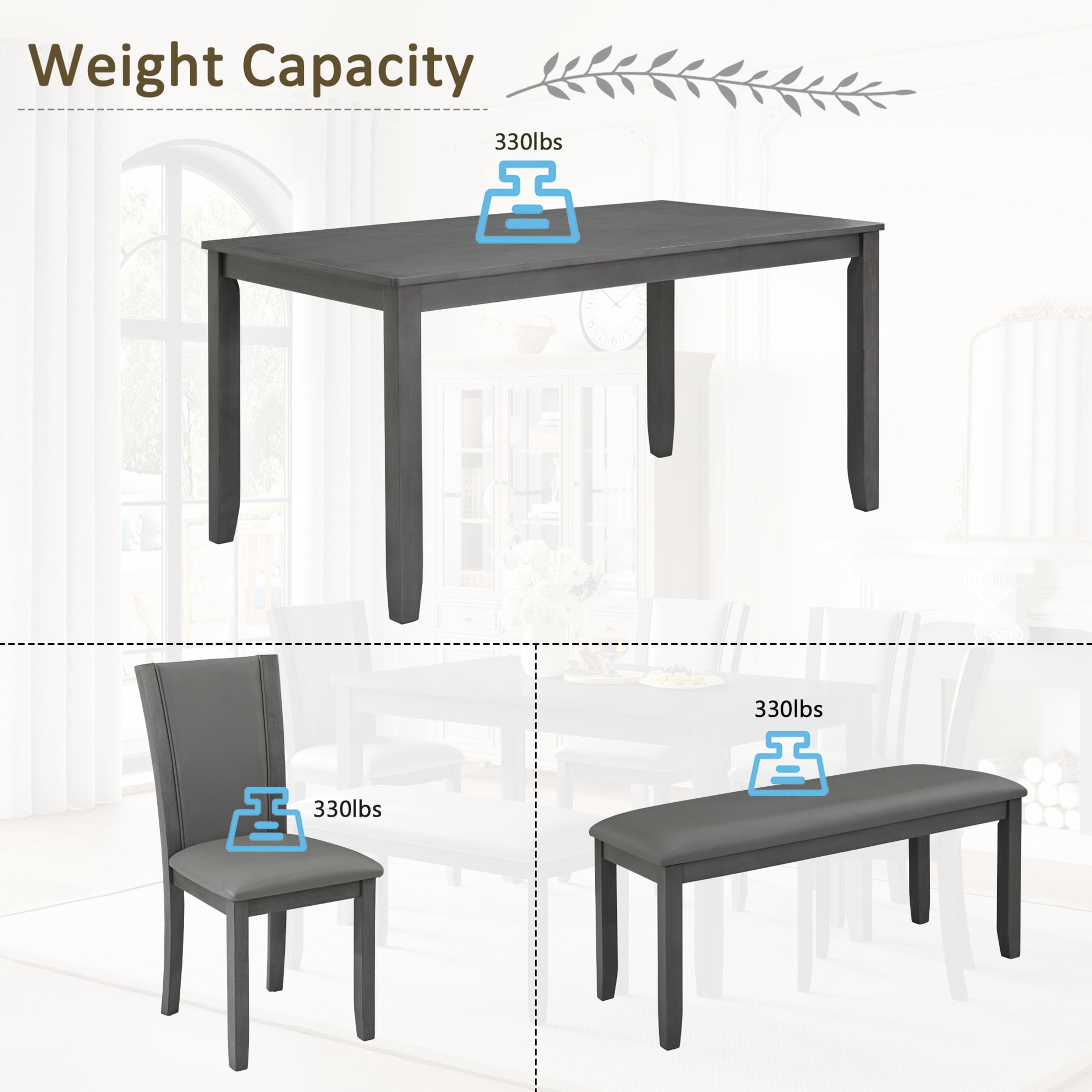 Noble House Modern Dining Table Set for 6 with Bench and Leather Upholstered Chairs, Wood Frame, Gray