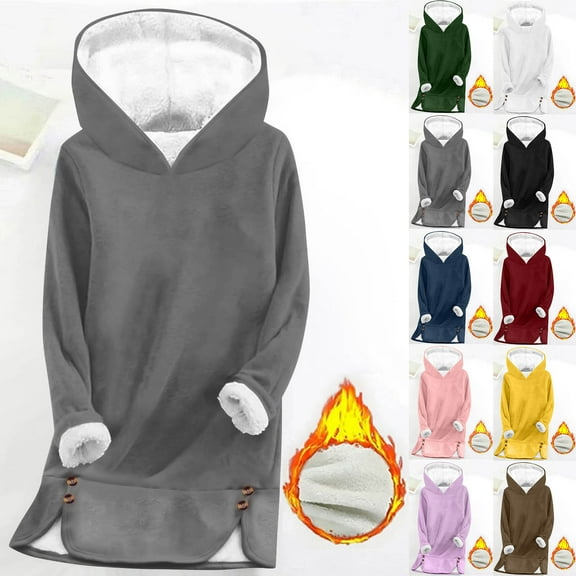 Horkkom Long Fleece Hoodies for Women Winter Pullover Soft Sweatshirts Solid Color Button Warm Fleece Hoodie L