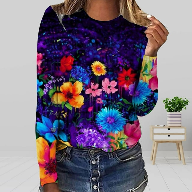 Pntutb - Camiseta holgada con estampado de moda para mujer, blusa de manga larga, cuello redondo, tops casuales Pntutb Pntutb-6830