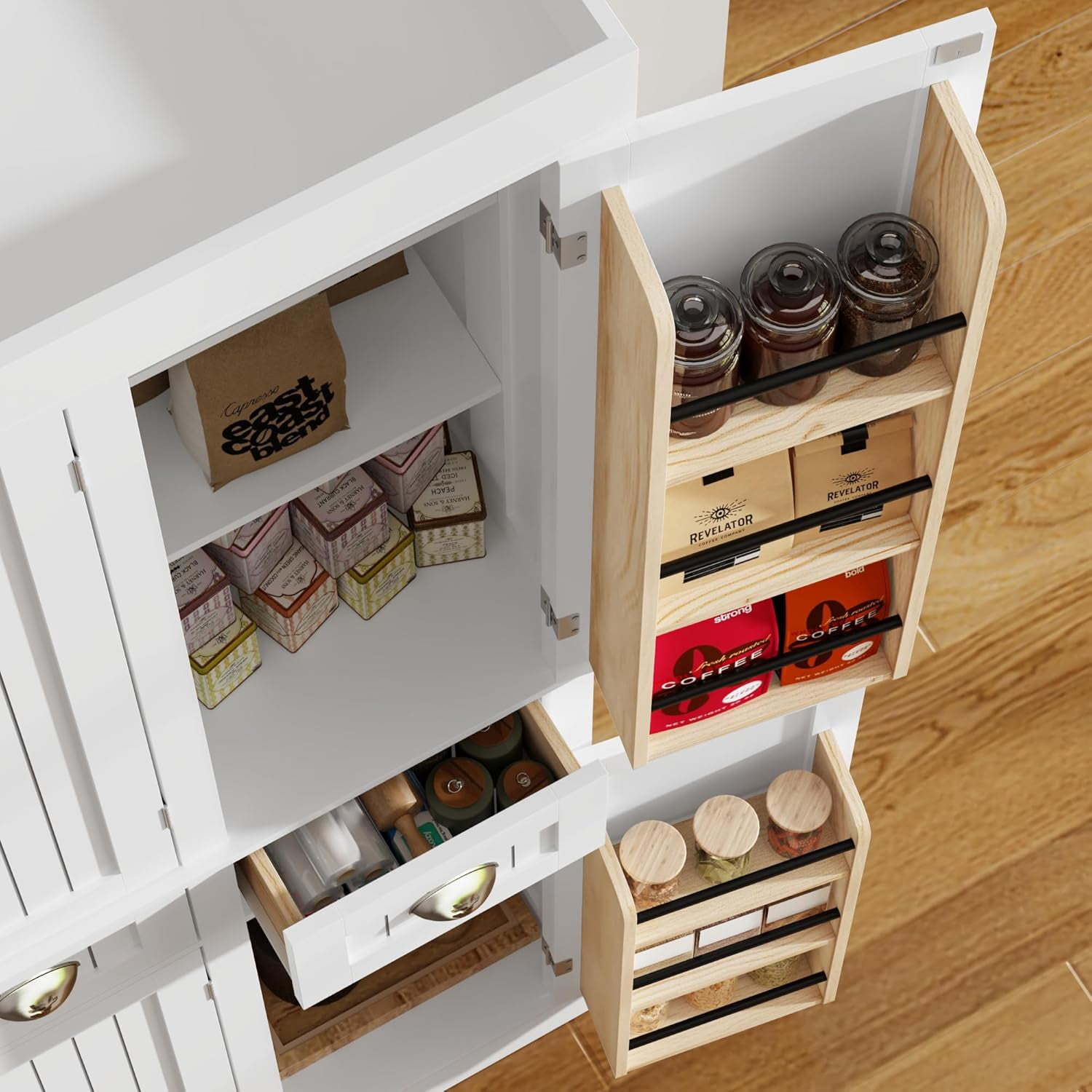 ChVans 71" Tall Kitchen Pantry with 6 Doors, Storage Cabinet with 2 Large Drawer 6 Hanging Shelves, Freestanding Cupboard for Dining Room Living Room