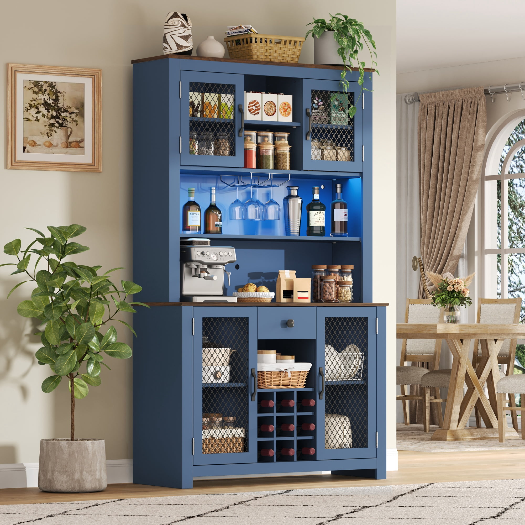 Euroco 70.9" Kitchen Pantry Storage Cabinet Rustic Buffet Cabinet, Kitchen Hutch Cabinet with LED Outlets Food Pantry Cabinet with Doors and Shelves Wine Rack for Dining Room, Navy Blue