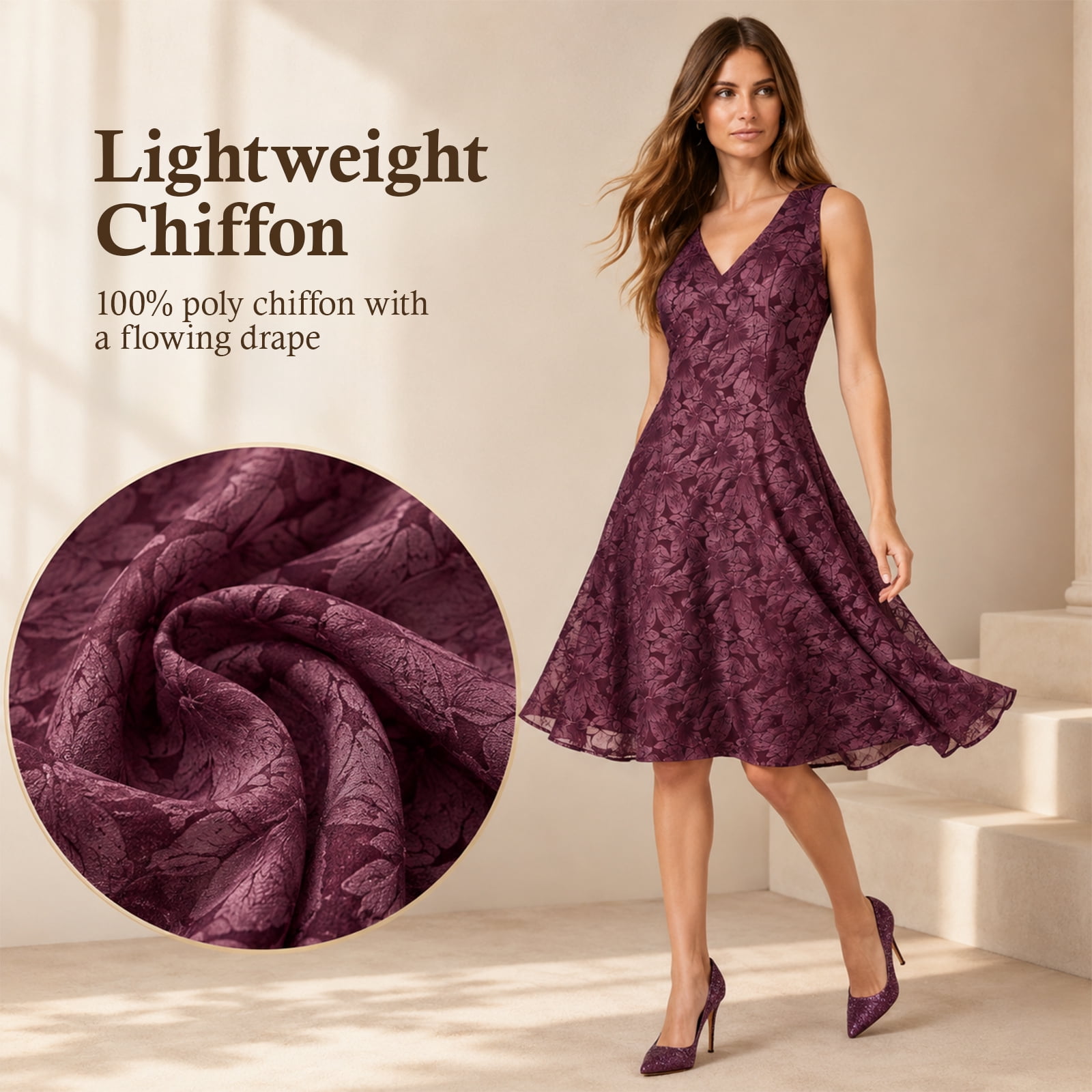 Alvantor Summer Dresses for Women, Sleeveless V-Neck Fit and Flare Poly Chiffon Dress, Burgundy