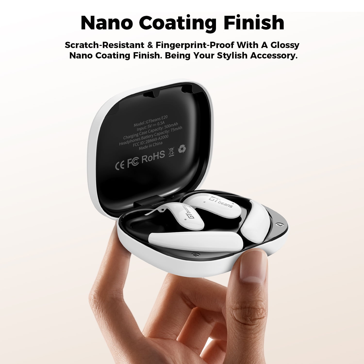 GTbeans E20 Open-Ear Earphones OWS Ear Hooks Wireless Bluetooth 6.0 Headphones IP55 Waterproof 56 Hrs Playtime 4 Mic Clear Call Sports Earbuds, White