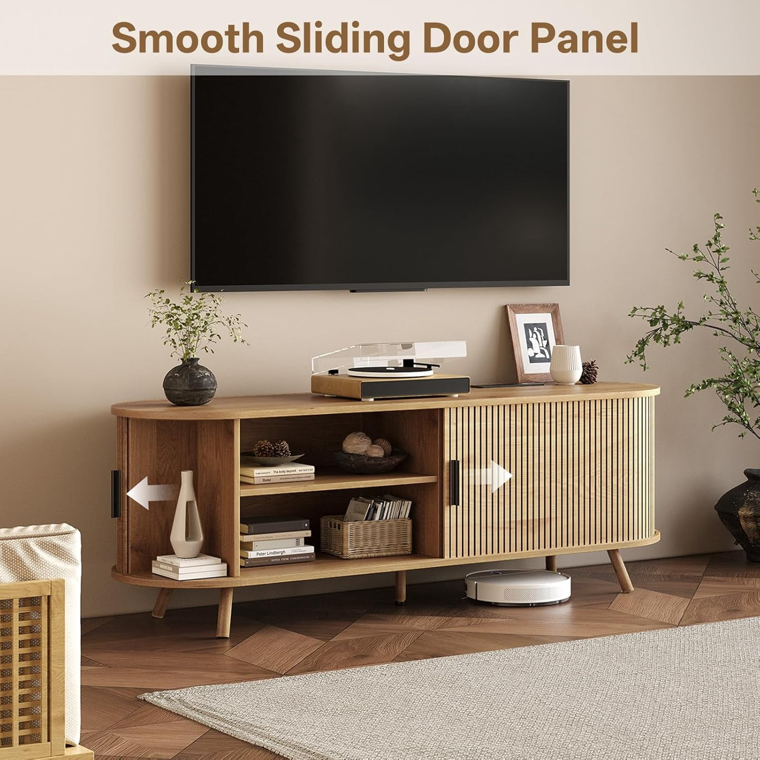 55" TV Stand with Power Outlet, Modern Media Console with Sliding Doors, Entertainment Center for TVs up to 60 Inch, Adjustable Shelves, Nature Oak