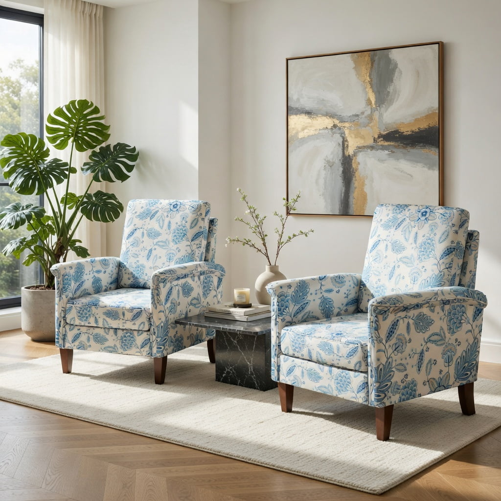 Hommoo Farmhouse Boho Accent Chair with Solid Rubber Wood Legs, High-Back Linen Upholstery, Ergonomic Design, Living Room, Bedroom, Blue
