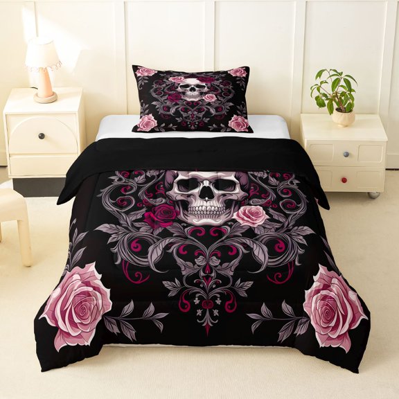 Homewish Gothic Sugar Skull Twin Comforter Sets,Pink Red Damask Flowers Bedding Set,Halloween Duvet,Black Reversible,2pcs,1 Comforter and 1 Pillowcase