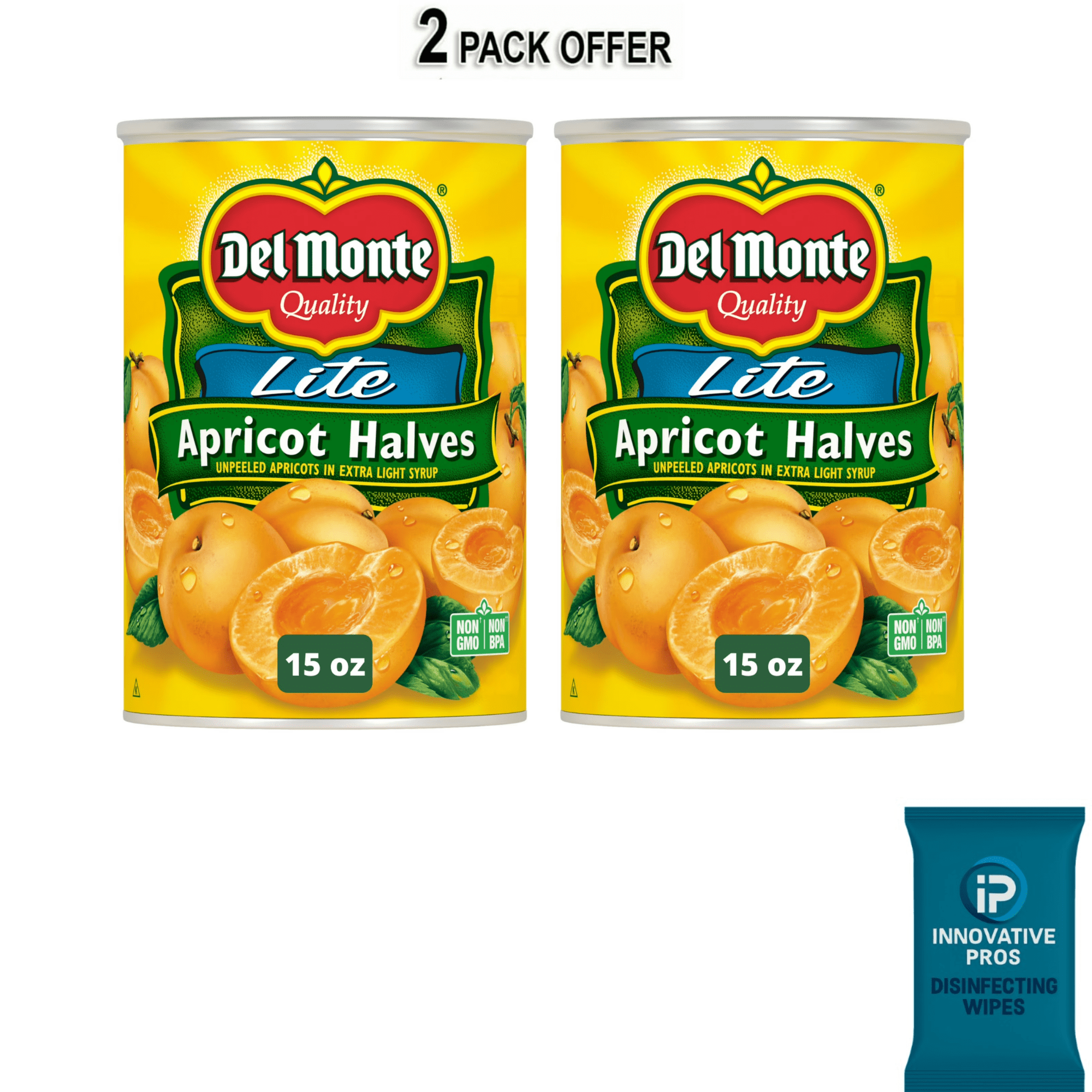 2 pack) Del Monte Lite Apricot Halves, Canned Fruit, 15 oz Can