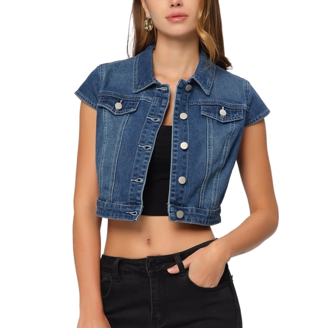Chaqueta de mezclilla de verano para mujer Chaquetas de mezclilla recortadas de manga corta con botones Azul S
