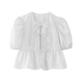 thumbnail image 3 of Women's Tie Front Tops Solid Color 3/4 Sleeve Peplum Babydoll T Shirt Puff Sleeve Trendy Basic Tees White,XL, 3 of 5