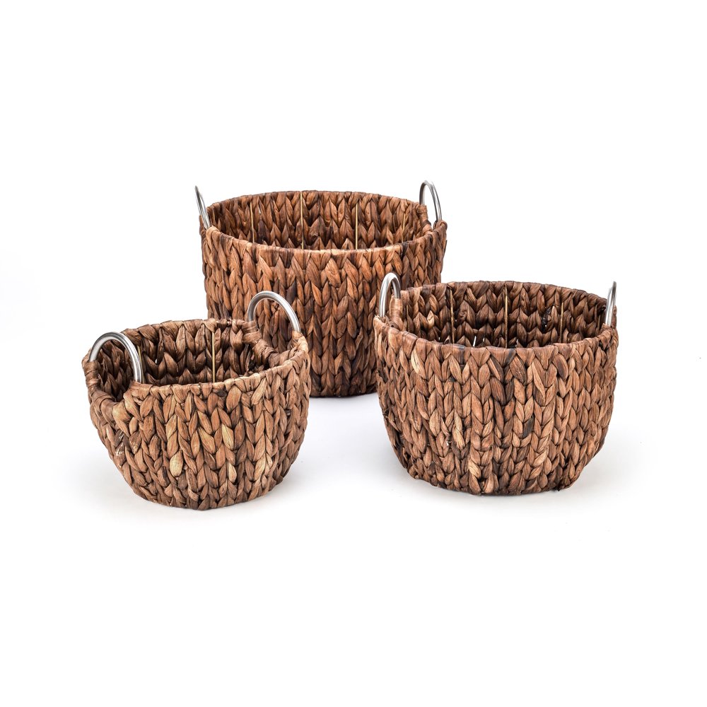 Set of 3 Round Hyacinth Baskets with Stainless Steel HandlesRich