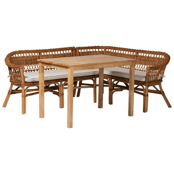 Baxton Studio Nella Natural Brown Finished Wood and Rattan 3-Piece Dining Nook Set