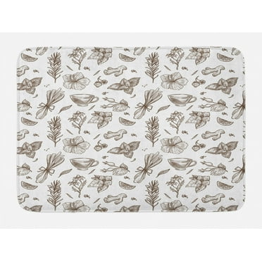 Botanical Bath Mat, Monochrome Design of Branches Leaves and Various Herbs Drawn by Hand, Plush Bathroom Decor Mat with Non Slip Backing, 29.5" X 17.5", Dark Cocoa and White, by Ambesonne