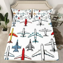 Airplane Bed Sheets Vintage Aircraft Fitted Sheet Twin,Fighter Plane Silhouette Bedding Set Airliner Aeroplane Sheets Military Transport Themed Room Decor,Plain White
