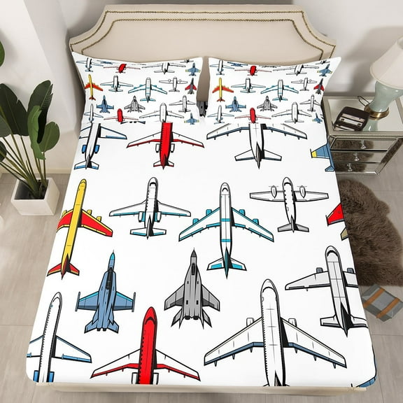 Airplane Bed Sheets Vintage Aircraft Fitted Sheet Twin,Fighter Plane Silhouette Bedding Set Airliner Aeroplane Sheets Military Transport Themed Room Decor,Plain White