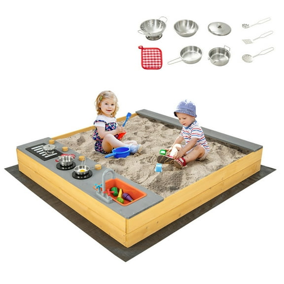 CIPACHO Wooden Sandbox Kids Sand Pit with Kitchen Playset Accessories for 3-8, Kids Wooden Sandbox for Backyard Garden, Kids Outdoor Play Equipment