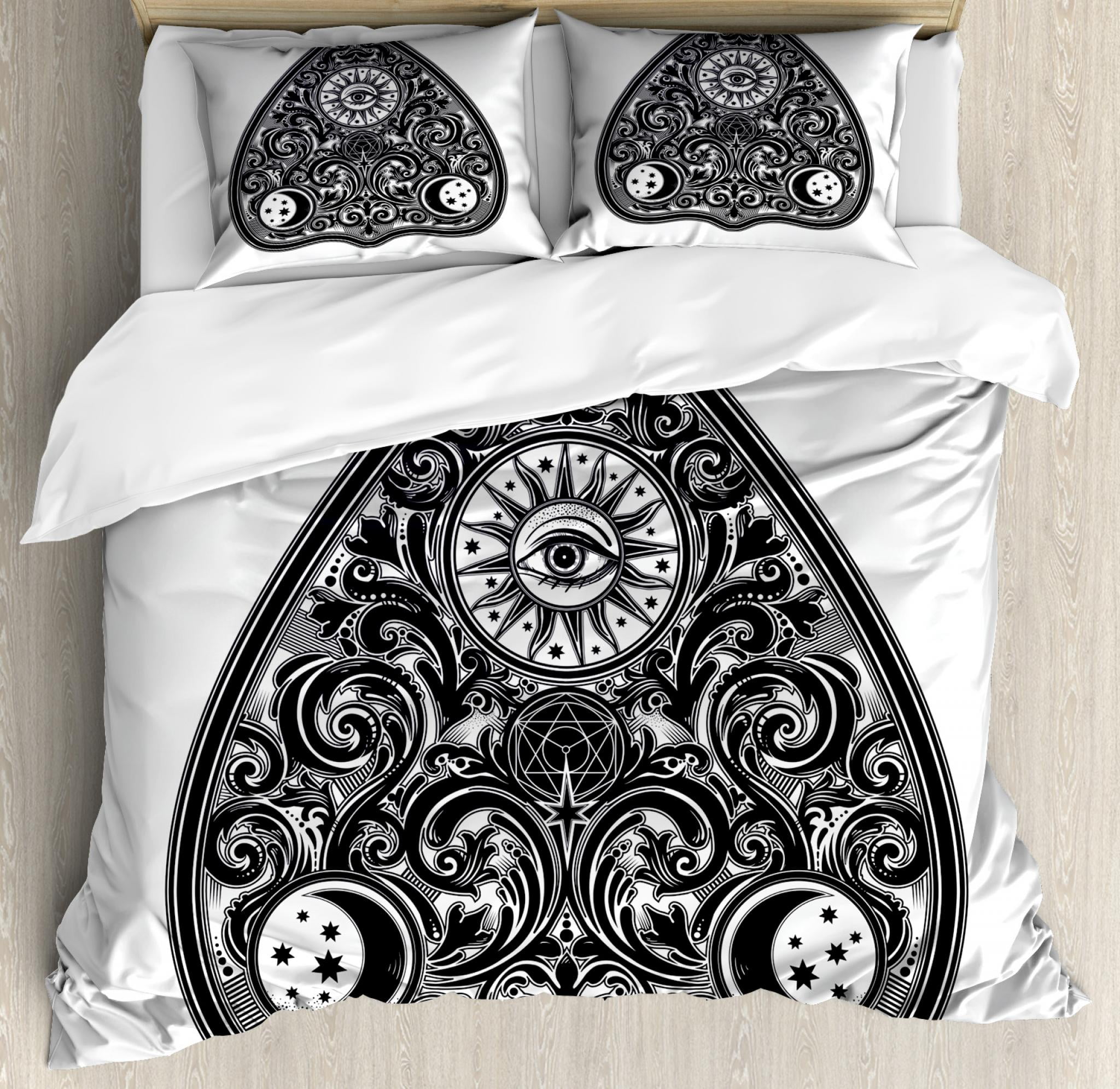 Ouija Board Queen Size Duvet Cover Set Hand Drawn Vintage Style Ouija Board Queen Size Duvet Cover Set Hand Drawn Vintage Style Ornamental Monochrome Design Upside Down Shape Decorative 3 Piece Bedding With 2