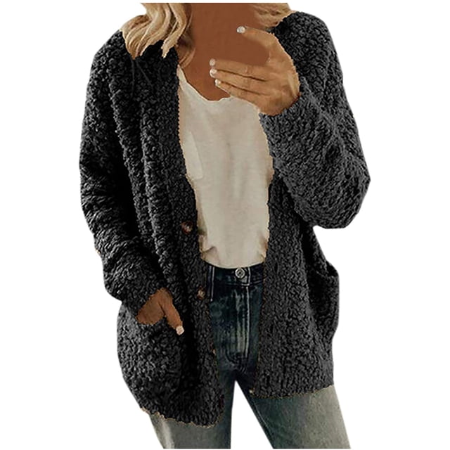 Solid Color Plush Sweater for Womens Plus Size Coat Pockets Outerwear Buttons Cardigan