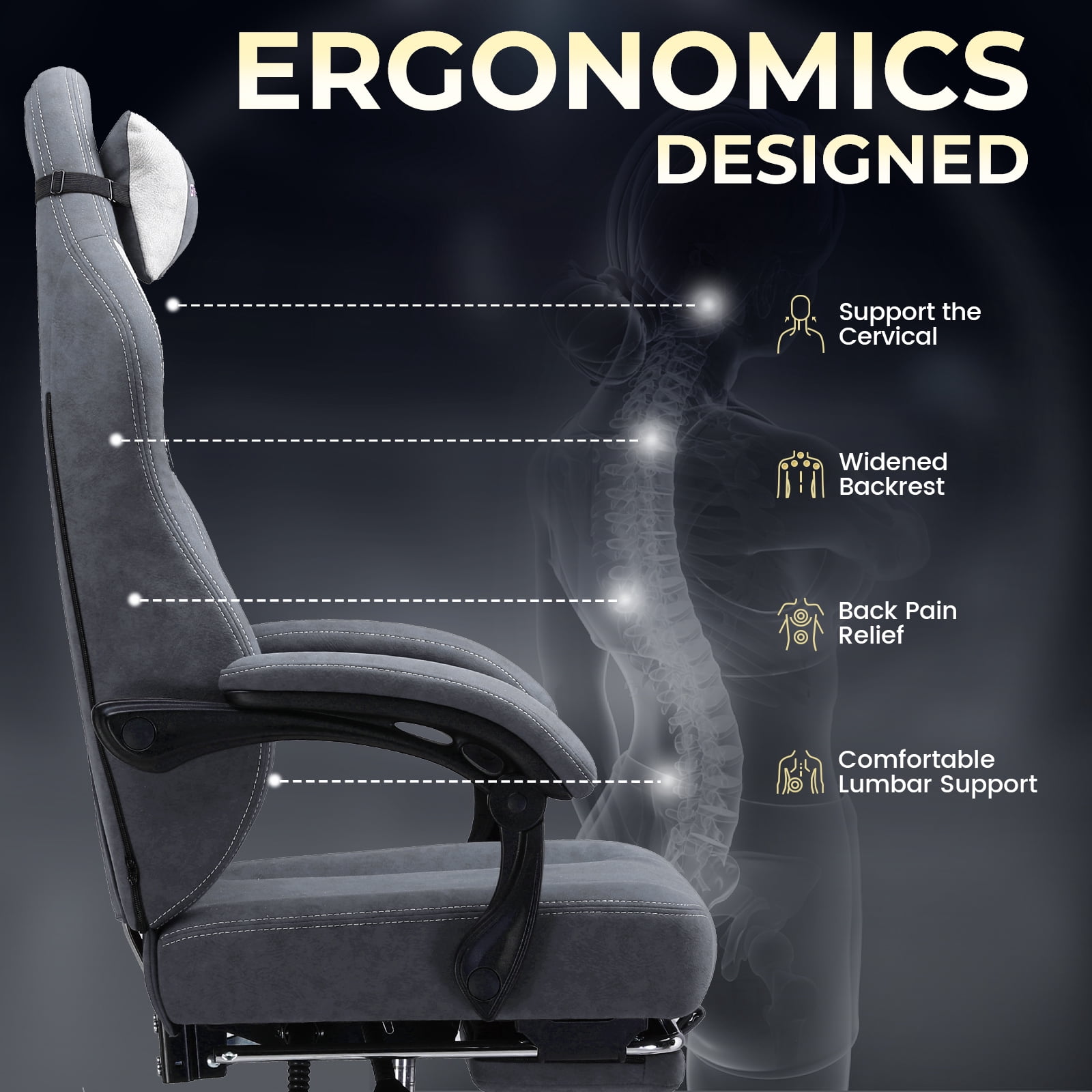 GTPLAYER Big and Tall Ergonomic High Back Breathable Fabric Gaming Computer Chair with Strong Lumbar Support and Footrest, Gray