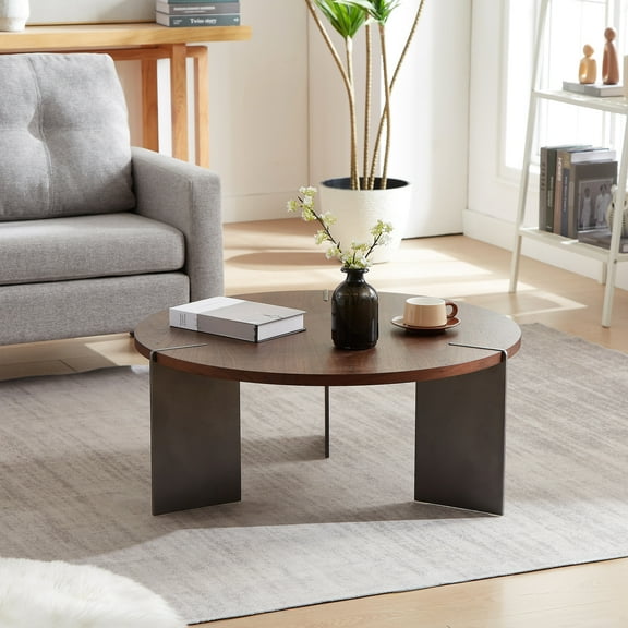 Dark Brown Round Coffee Table With Metal - Walnut Wood Top And Strong Frame Modern Of Black Feet, Distressed Decorative Element For Homes