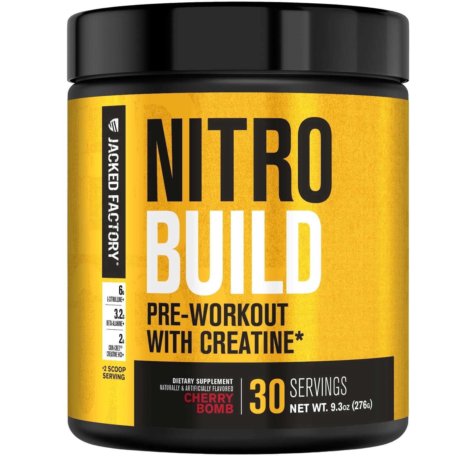 Jacked Factory Nitrosurge Build Pre Workout with Creatine for Muscle Building - Con Cret Creatine Powder & elevATP for Intense Energy, Powerful Pump, & Endless Endurance - 30 Servings, Cherry Bomb