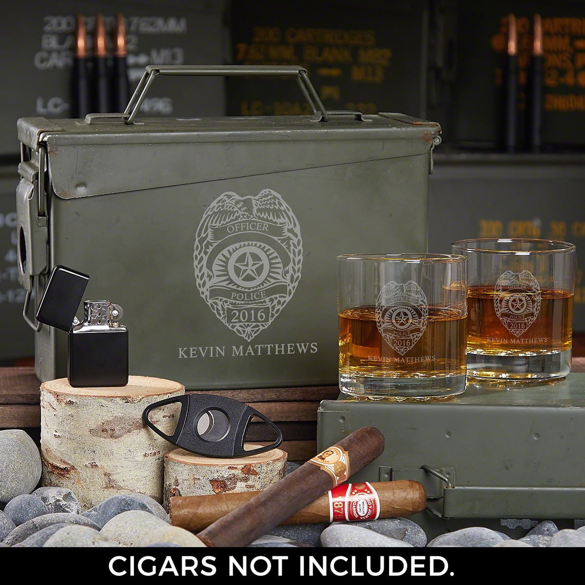 Police Badge All The Vices 30 Cal Ammo Can and Whiskey Glasses Gift Set