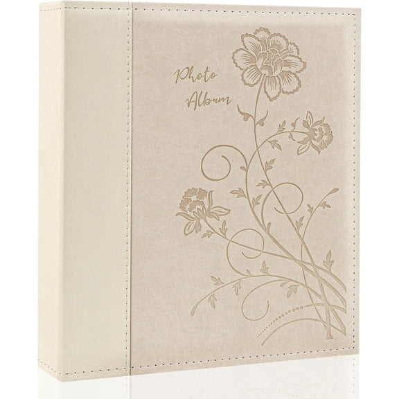Photo Album 8x10 Clear Pages Pockets Leathe Cover Slip Slide in Holds 100 Vertical Photos Picture Book for Wedding Family (Beige)