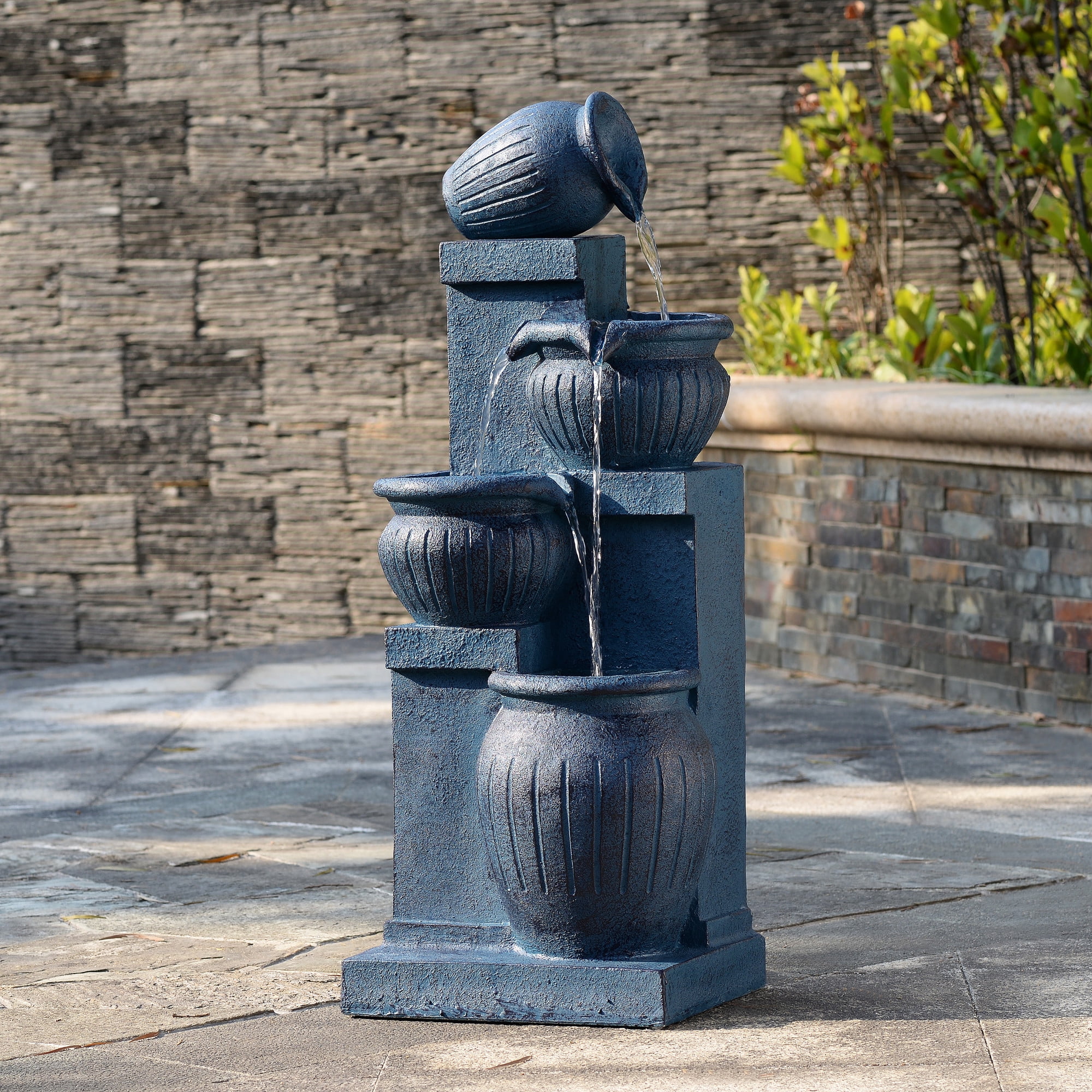 Teamson Home Outdoor 4-Tier Cascading Bowl Water Fountain with LED Lights, Solar-Powered & Adjustable Flow Rate, Navy