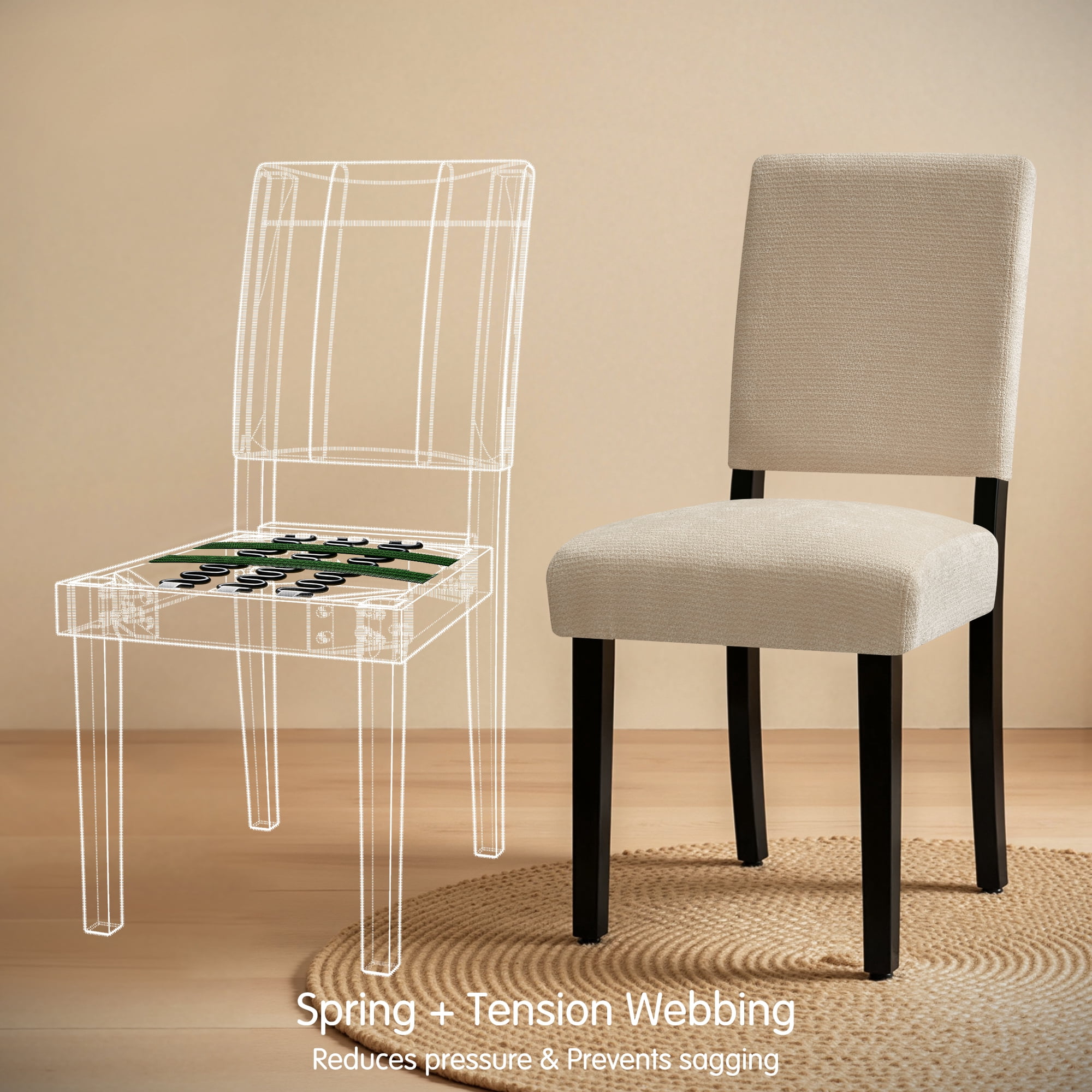 CHUN YI Chenille Upholstered Dining Chairs Set of 2, Open Back Kitchen Dining Room Chairs with Solid Rubberwood Frame, French Country Style, Linen