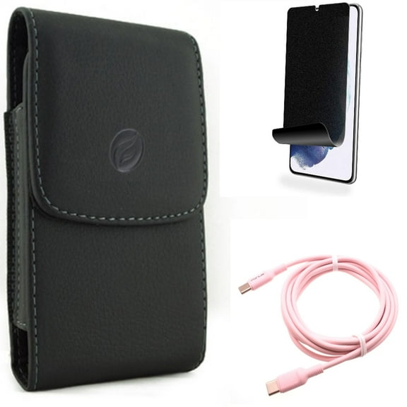 For Samsung Galaxy S21 (6.2") - PD Fast Charger USB-C to Type-C Pink 10ft Long Cable   Holster Leather Case Belt Clip   [Fingerprint Works] TPU Film Privacy Screen Protector